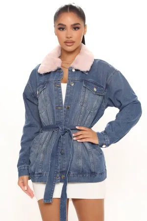 Always Cute Belted Denim Jacket - Medium Blue Wash