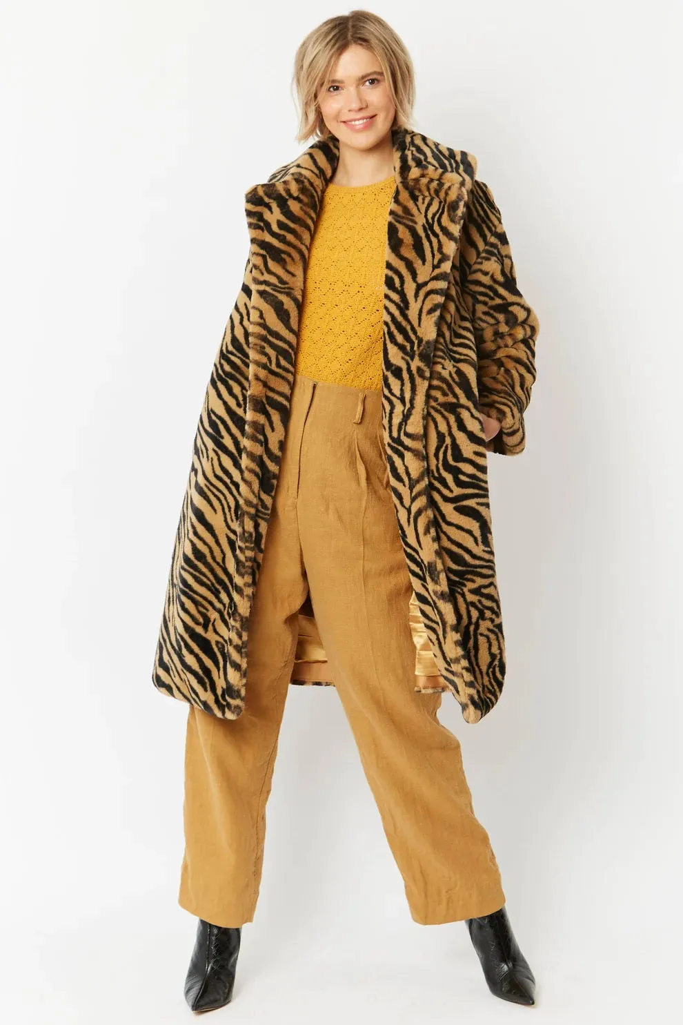 Animal Print Faux Fur Midi Shaved Shearling Coat