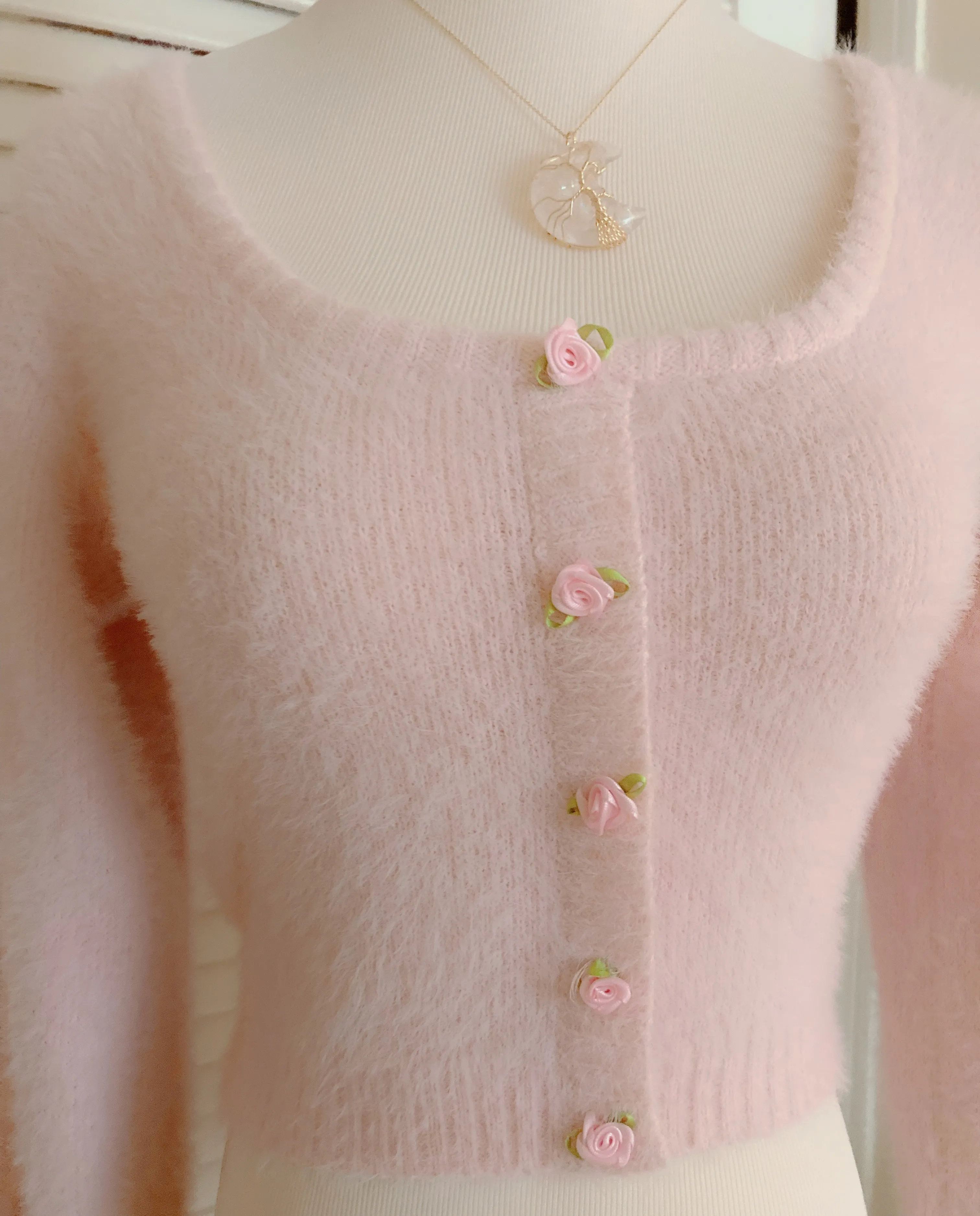 Baby Pink Rose Soft Girl Fuzzy Cropped Sweater