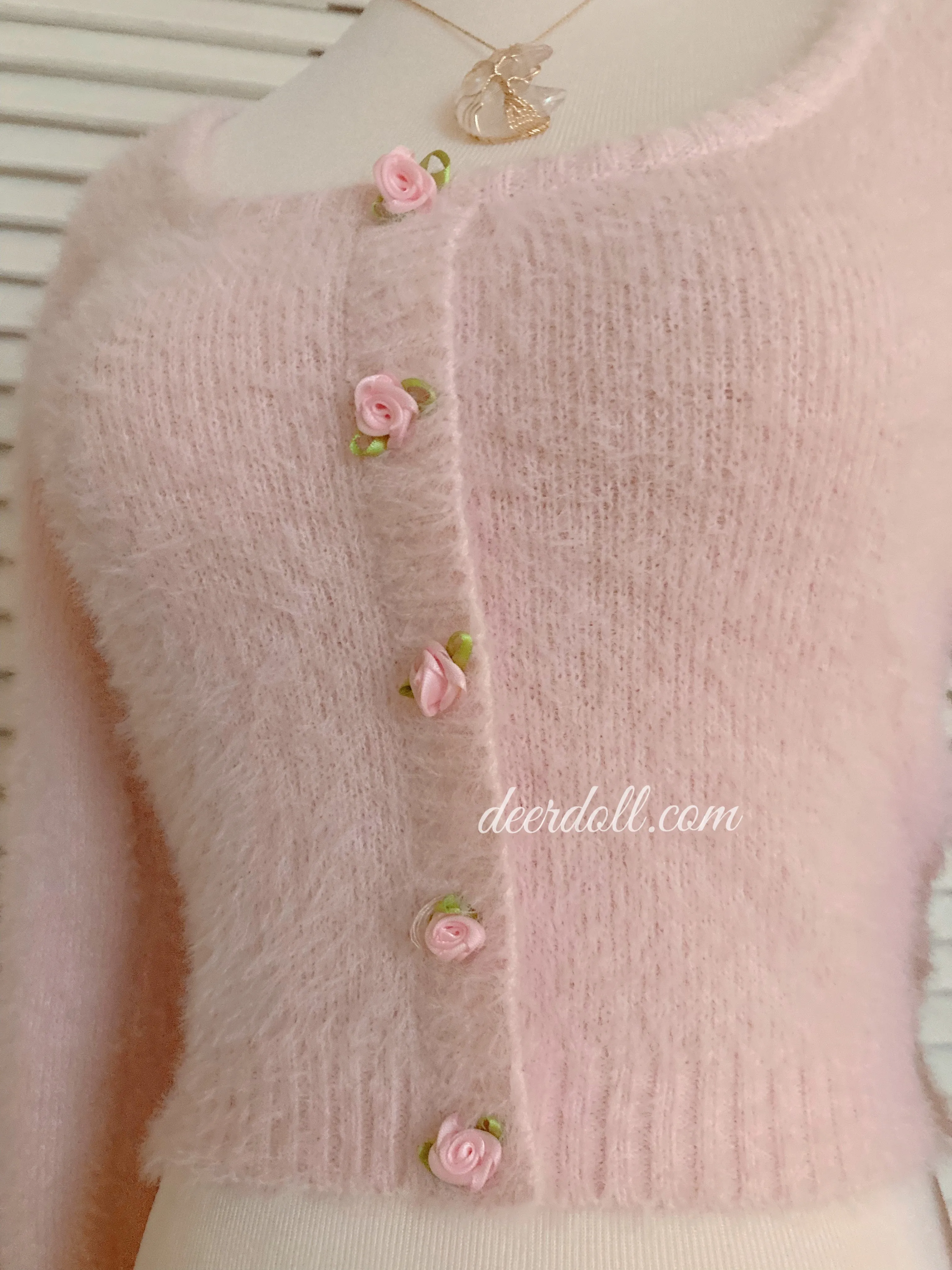 Baby Pink Rose Soft Girl Fuzzy Cropped Sweater