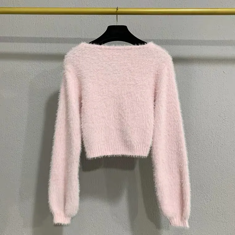 Baby Pink Rose Soft Girl Fuzzy Cropped Sweater