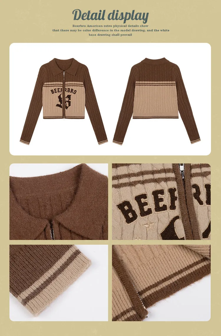 BEERBRO Letter Embroidery Office Shirt Collar Zip Up Long Sleeve Zip Up Sweater Top