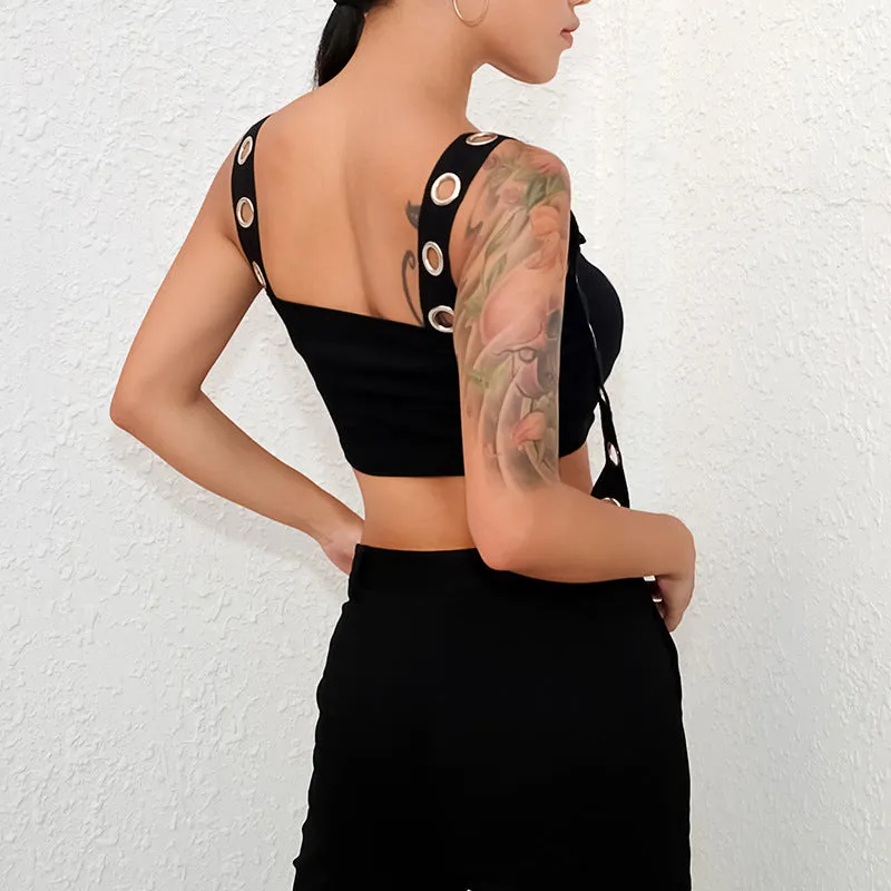 Black Tank Top Women Sleeveless Cropped Tops Tees Shirt Hollow Out Sexy Bustier Top Streetwear Summer