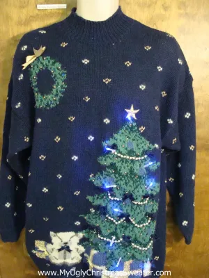 Blue 2sided Light Up Tacky Christmas Jumper with a Tree