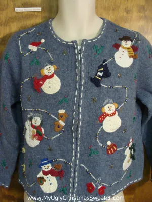 Blue Cute Xmas Sweater with Tumbling Snowmen