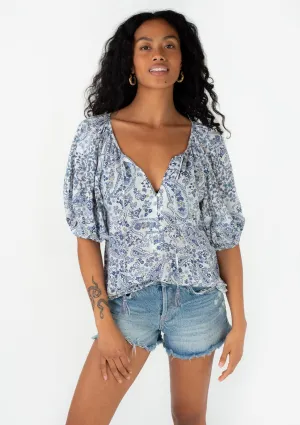 BLUE FLORAL PUFF SLEEVE PEASANT TOP