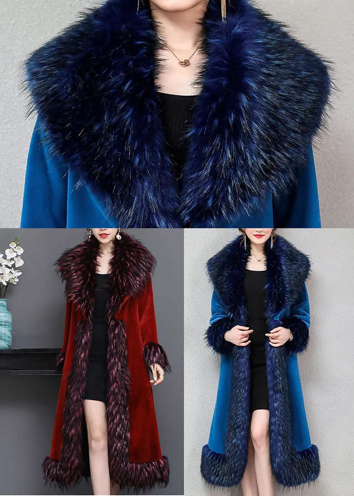 Blue Warm Faux Fur Long Coats Fur Collar Silm Fit Winter LY9438