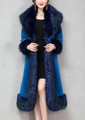 Blue Warm Faux Fur Long Coats Fur Collar Silm Fit Winter LY9438