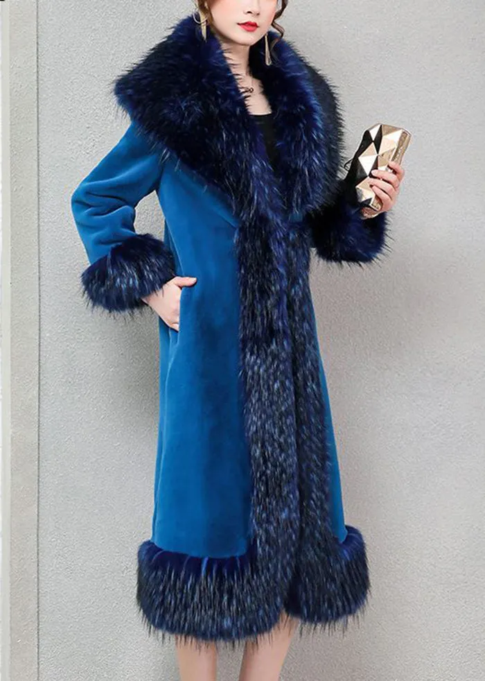 Blue Warm Faux Fur Long Coats Fur Collar Silm Fit Winter LY9438