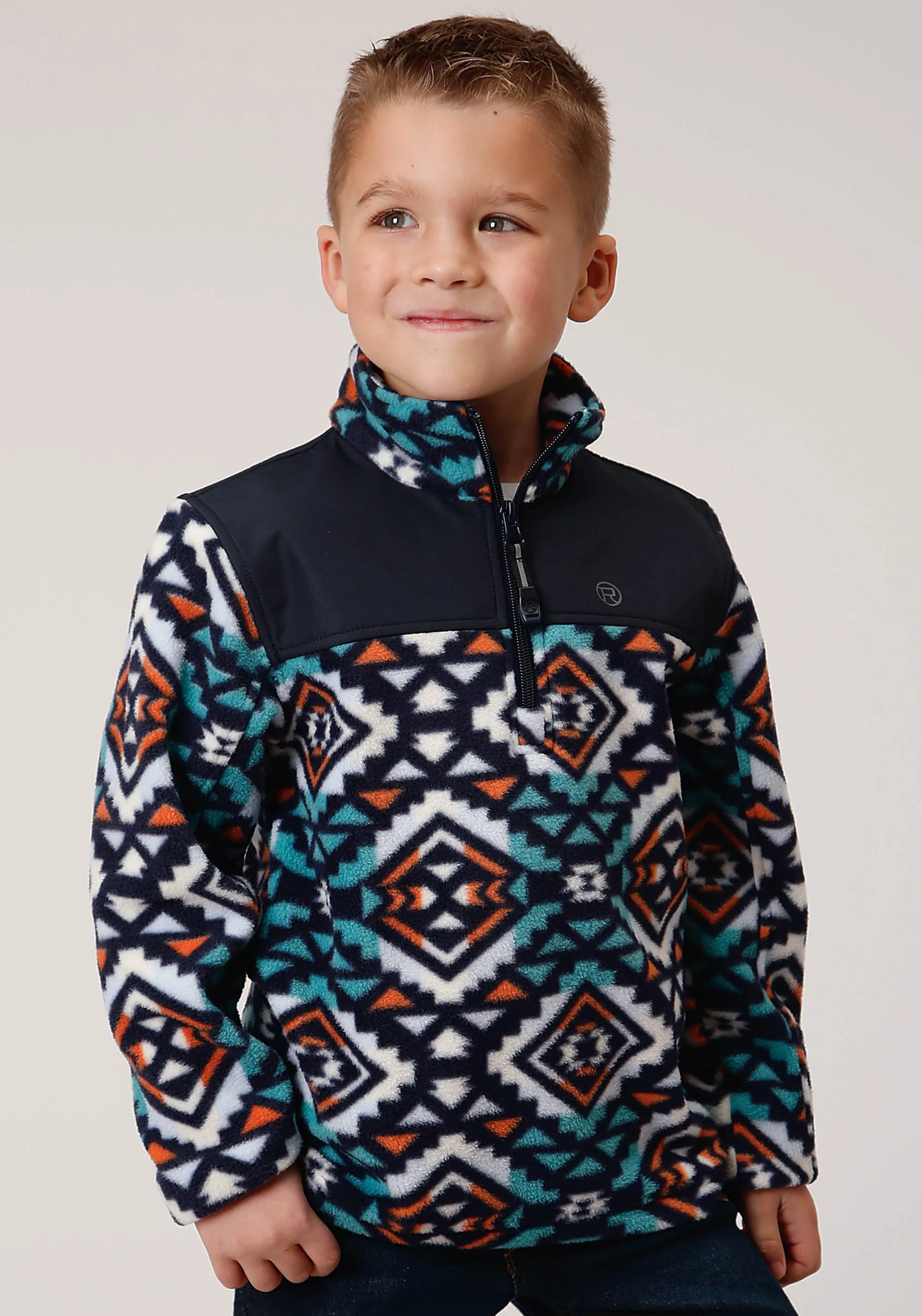 BOYS POLAR FLEECE  NAVY AZTEC PRINTED PULLOVER