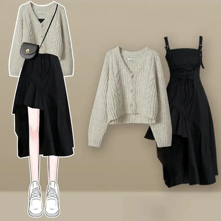 Button Cardigan Cross Knit Sweater Lace Up Slip Dress Two Piece Set