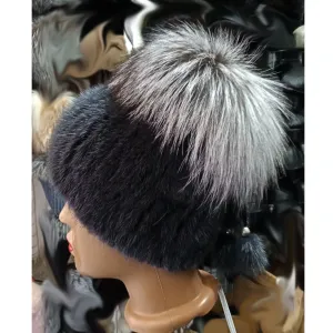 BY ORDER Women Mink and Silver fox Fur Hat, Mink Fur Hat, Stretchy Mink Fur hat, Double color Knit Fur Hat, Mink Fur Hat Large Pom Pom, Girl