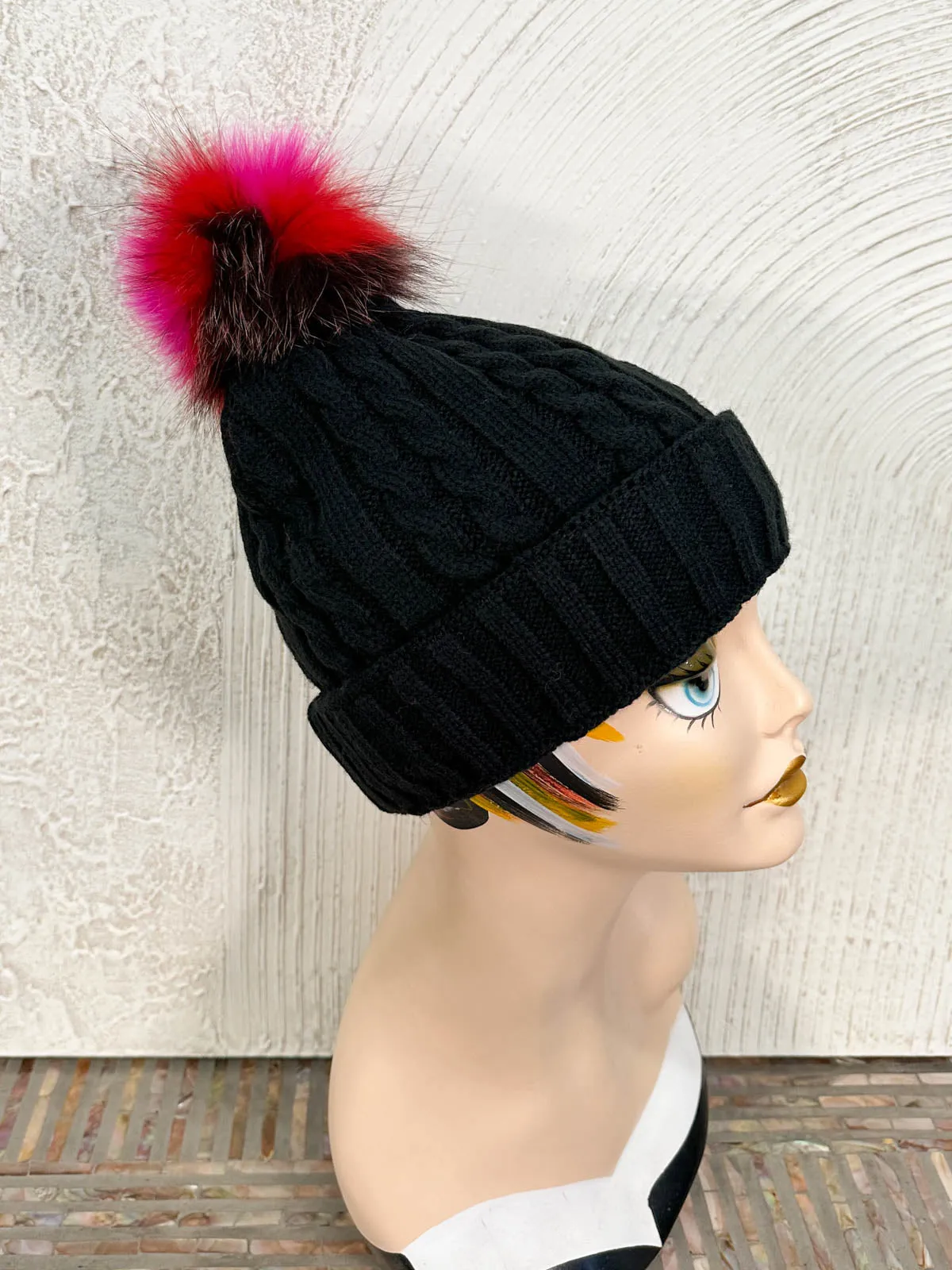 Cable Knit Fur Pom Pom Beanie Hat, Black/Red Pink