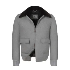 Cashmere and Fur Bomber with Detachable Fur Collar in Light Grey