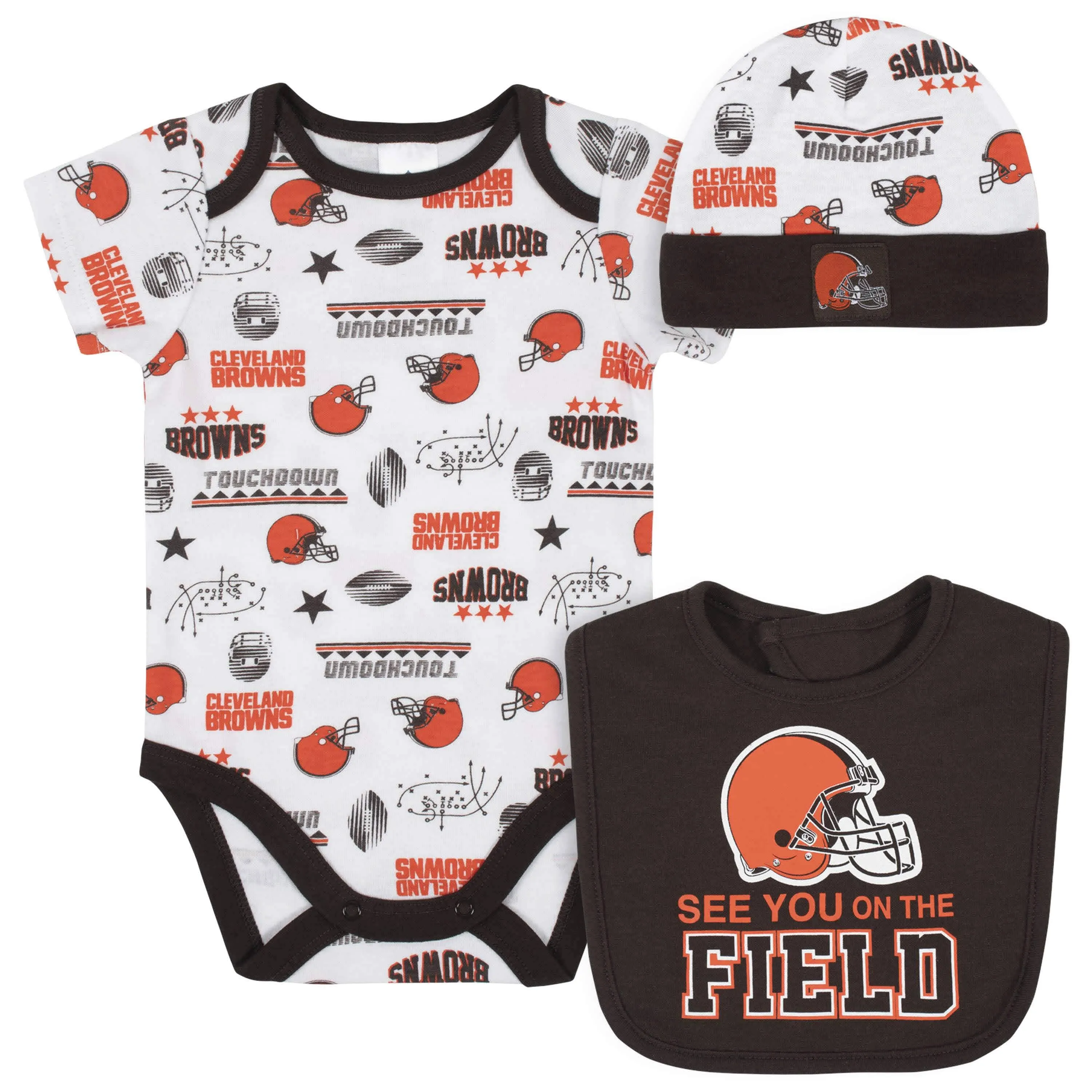 Cleveland Browns 3-Piece Baby Boys Bodysuit, Bib, and Cap Set