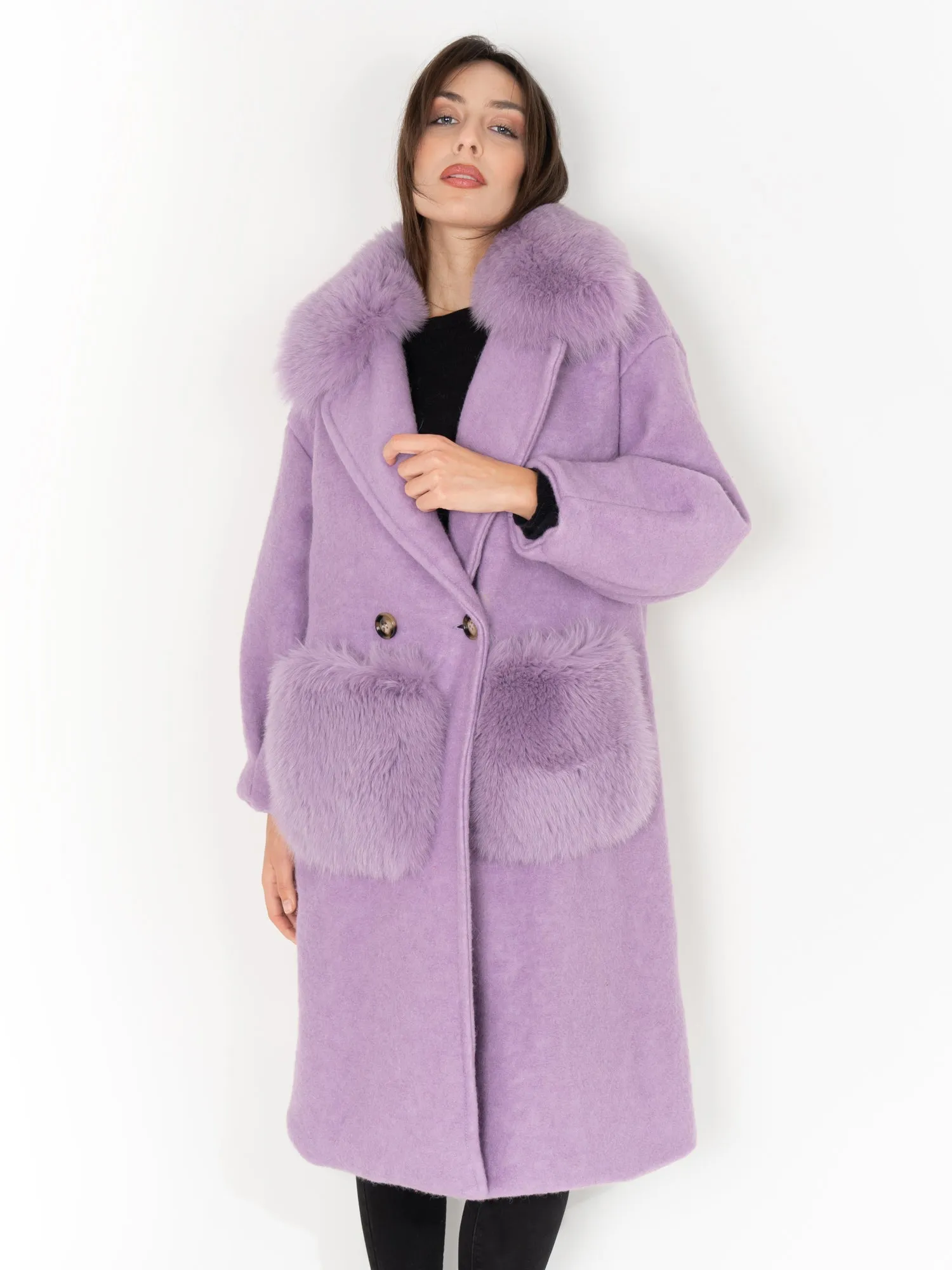 Coat with pockets and collar in lilac fox