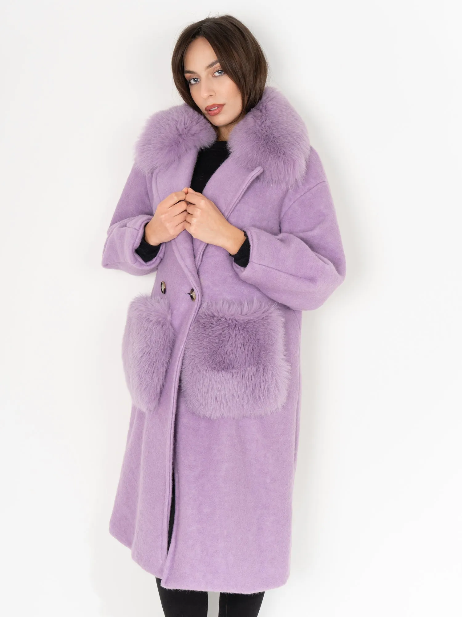 Coat with pockets and collar in lilac fox