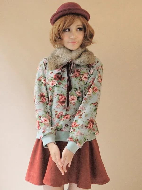 English rose knit pullover with fur collar