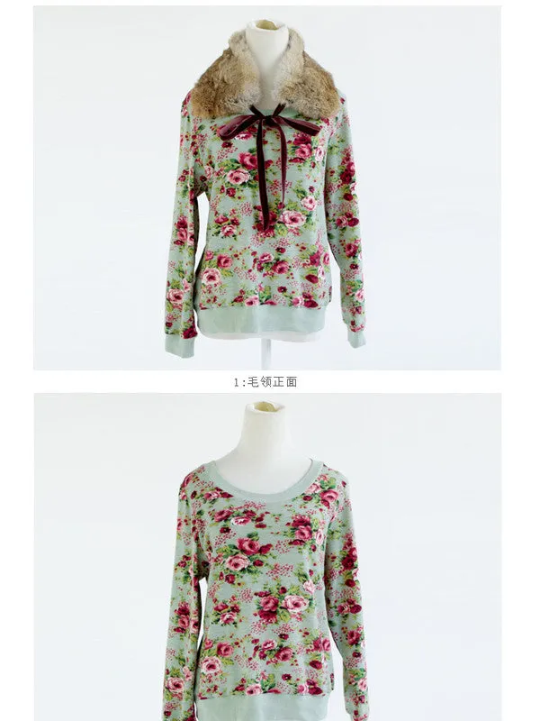 English rose knit pullover with fur collar