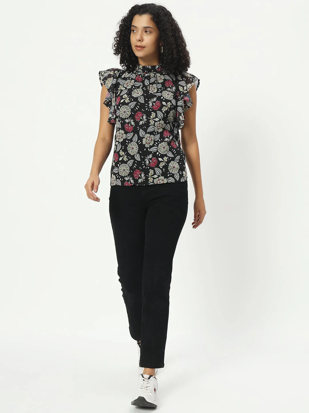 Floral Printed Mandarin Collar Flutter Sleeve Georgette Top