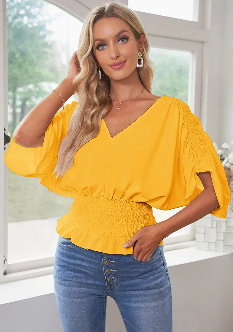 Gold Fusion Women's Ruffle Sleeve V Neck Button Down Blouse Shirt Casual Work