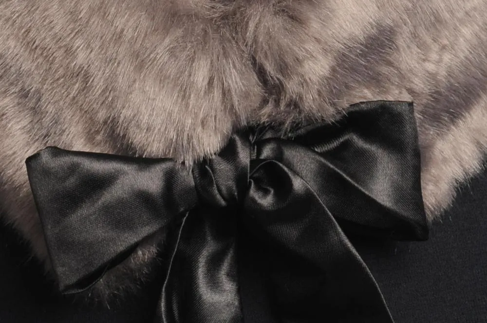 Grey Faux Fur Collar With Satin Bow Collar Scarf