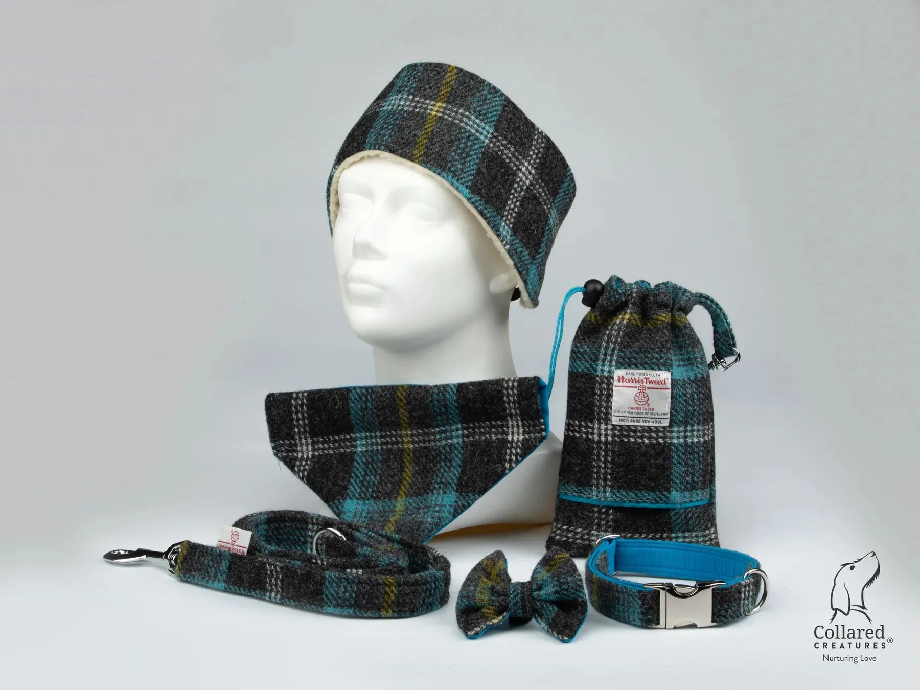 Harris Tweed Blue and Grey Check Buckle Dog Collar