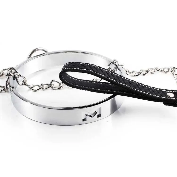 Heavy Duty Stainless Steel Slave Collar with a Chain and Lead