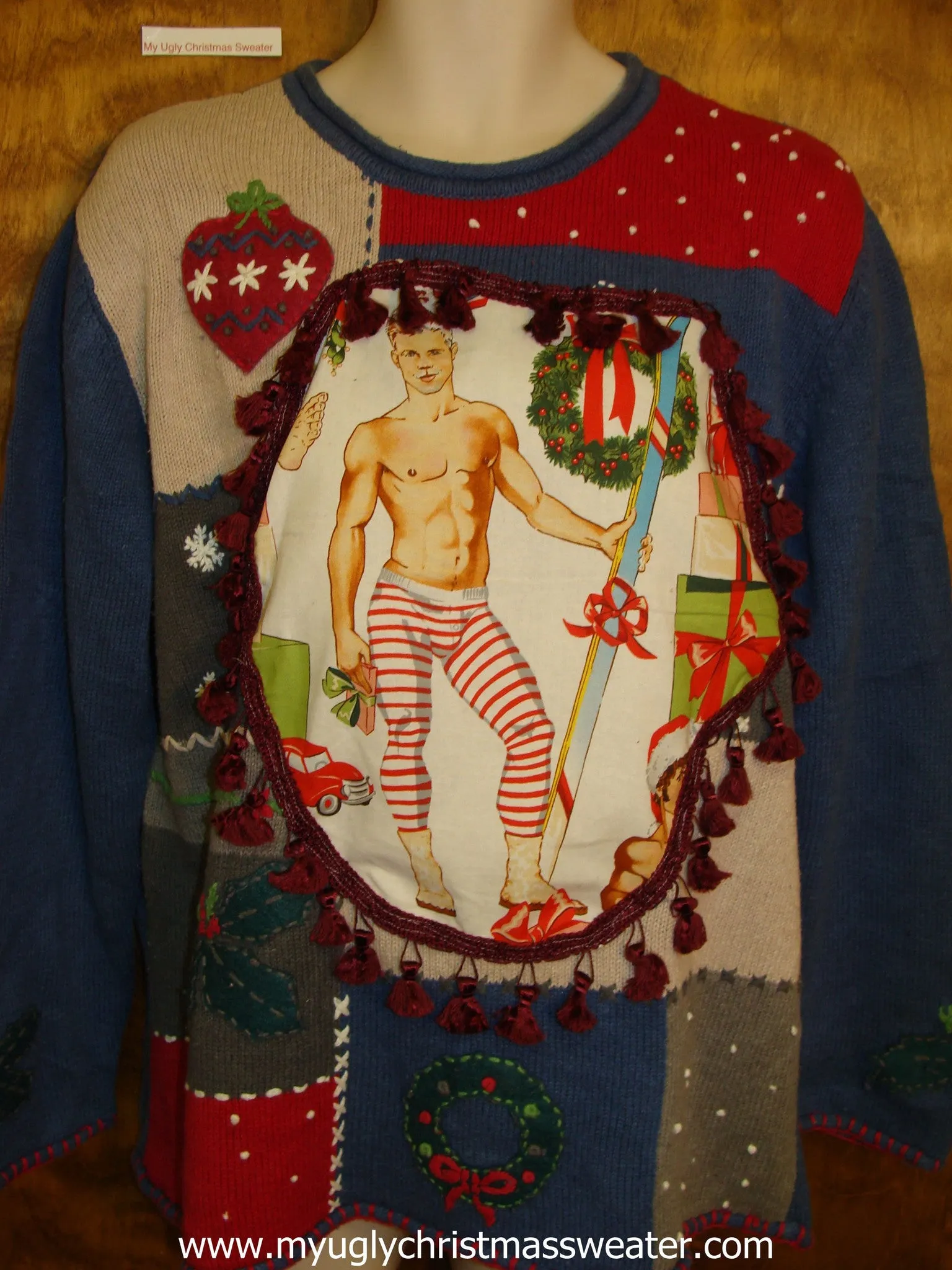 Hottie Guy Blue Patchwork Ugly Christmas Sweater