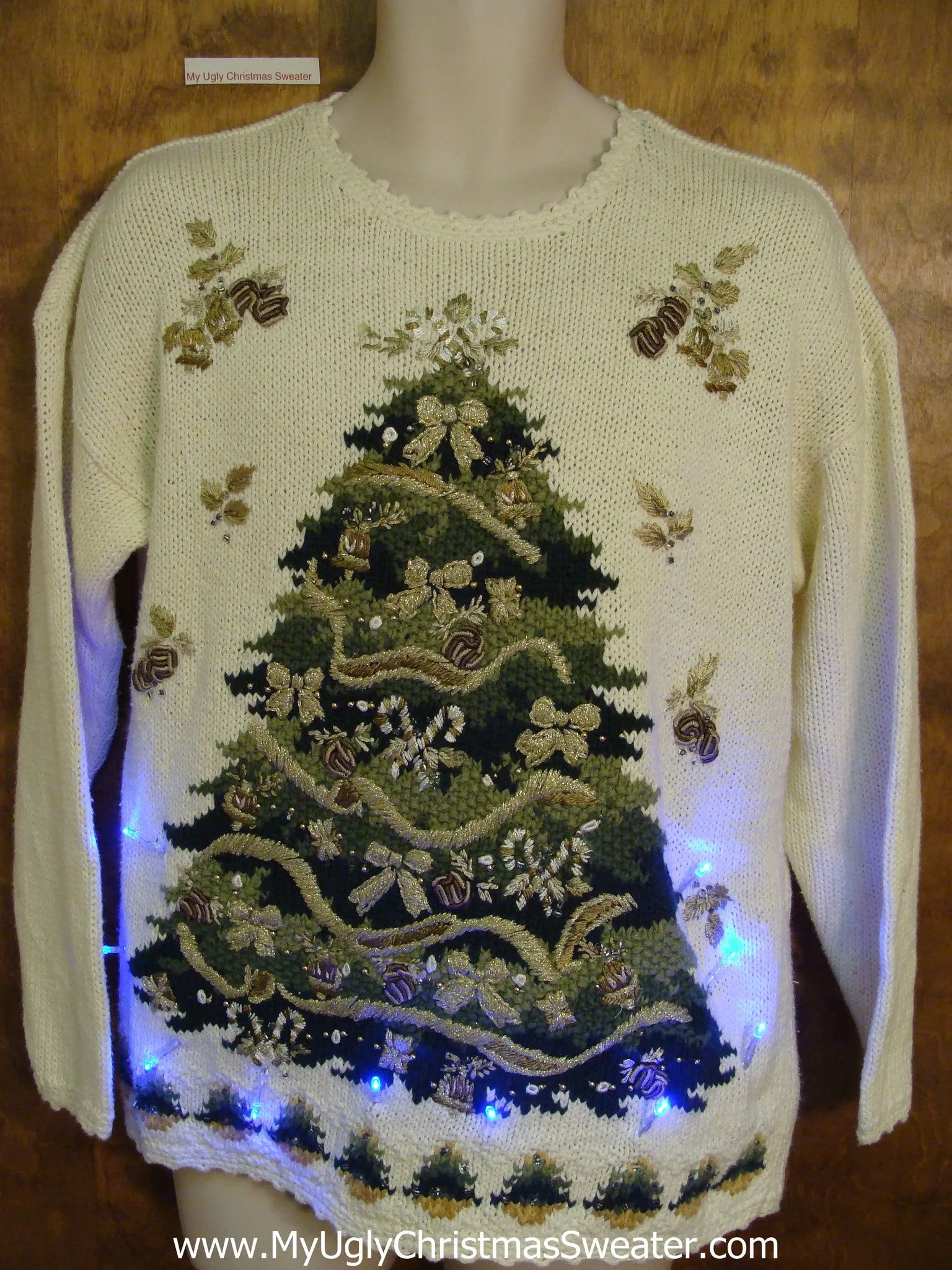 Ivory Pullover with Green Tree Light Up Ugly Xmas Sweater