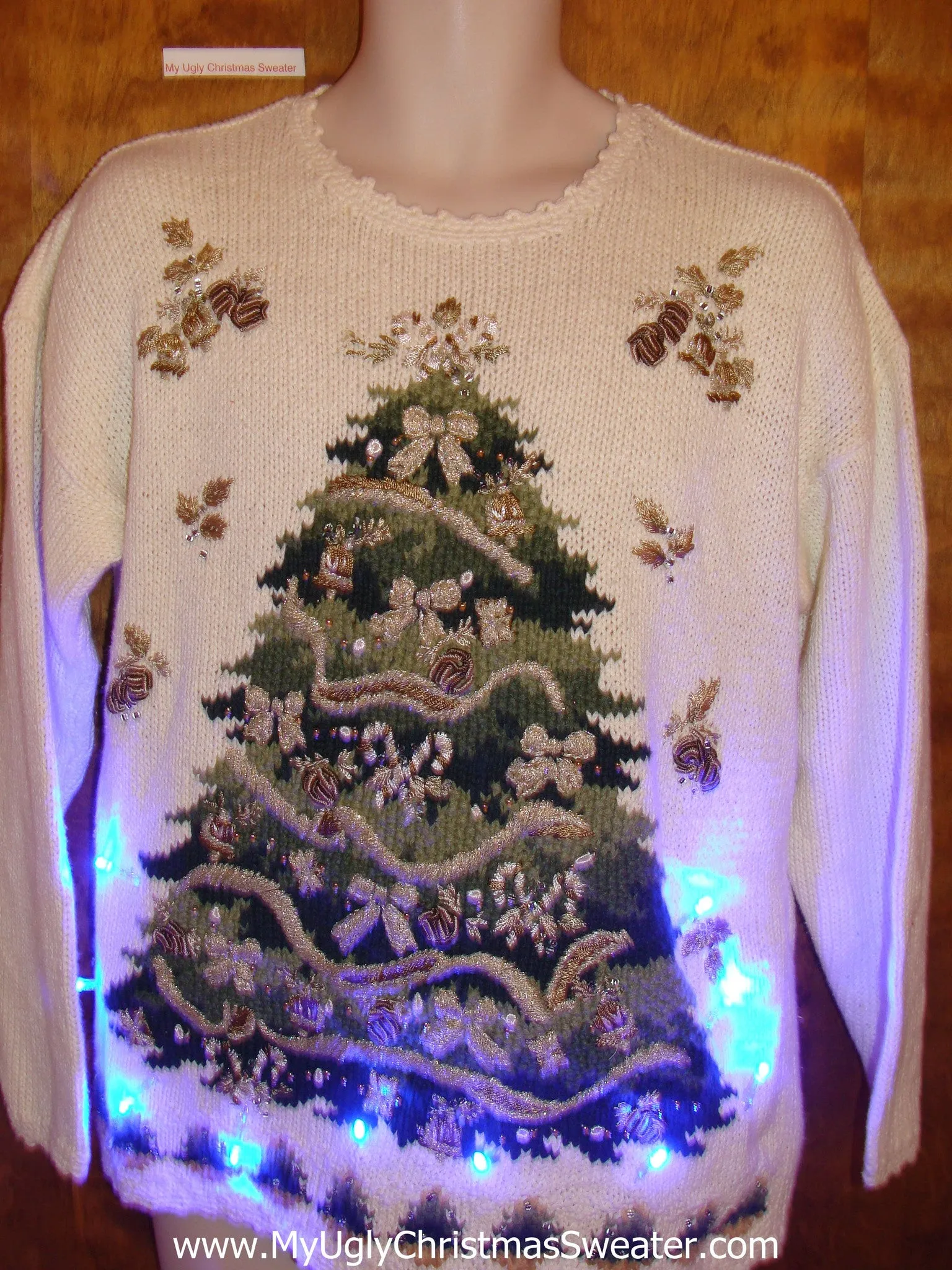 Ivory Pullover with Green Tree Light Up Ugly Xmas Sweater