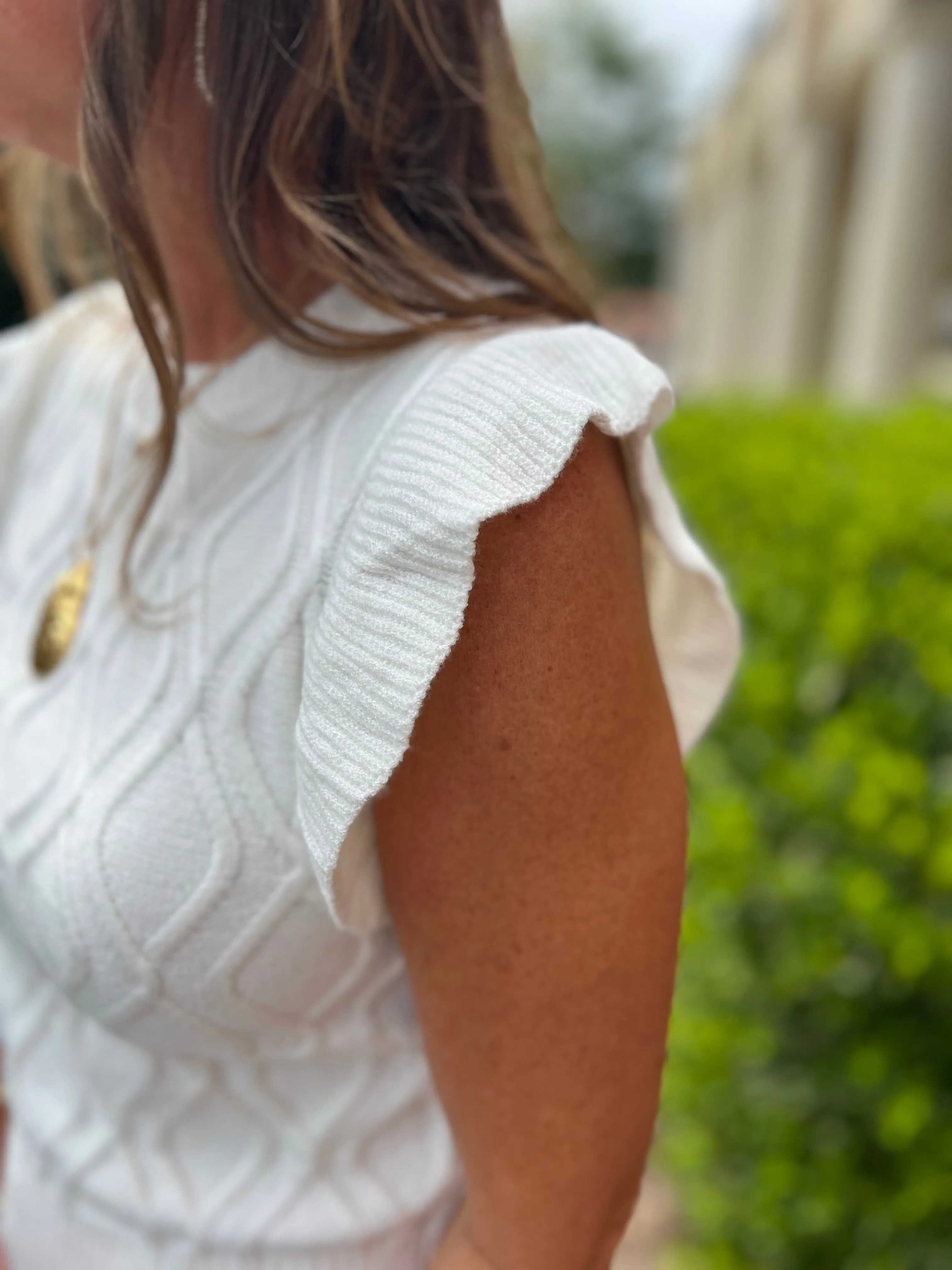 Just A Glance Off White Ruffle Sleeve Cable Knit Sweater Top