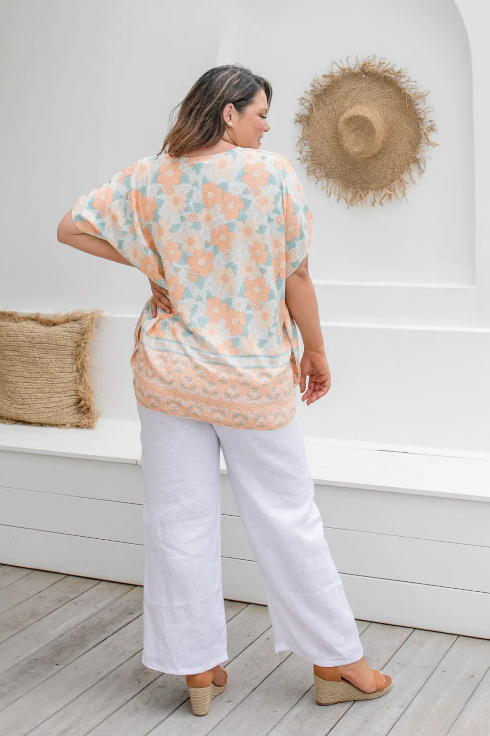 Kaftan Top - Peach Floral Border