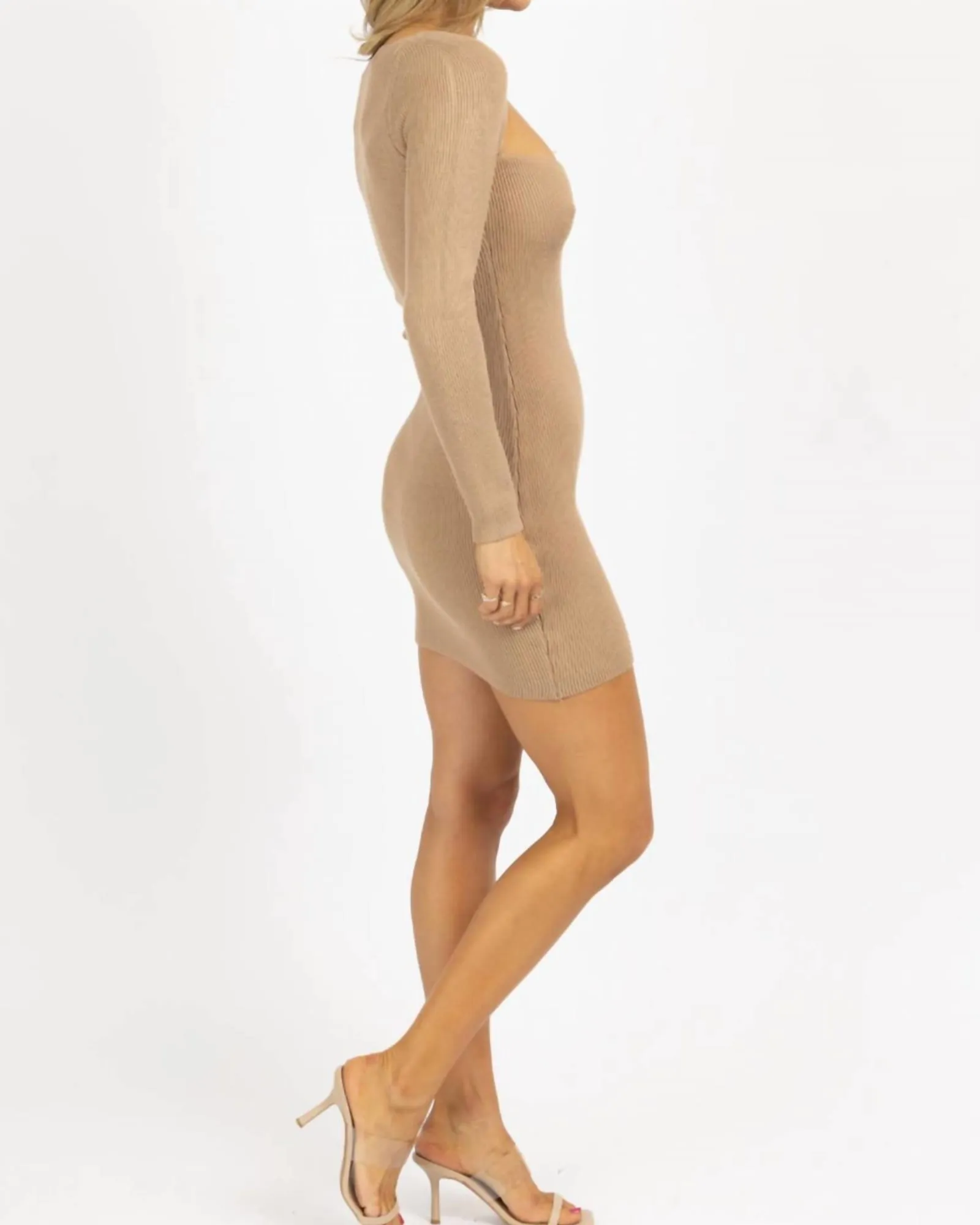 Knit Front Slit Mini Dress In Khaki | Khaki