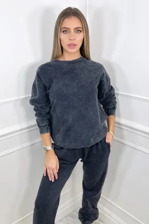 Kyra black acid wash oversized round neck sweater