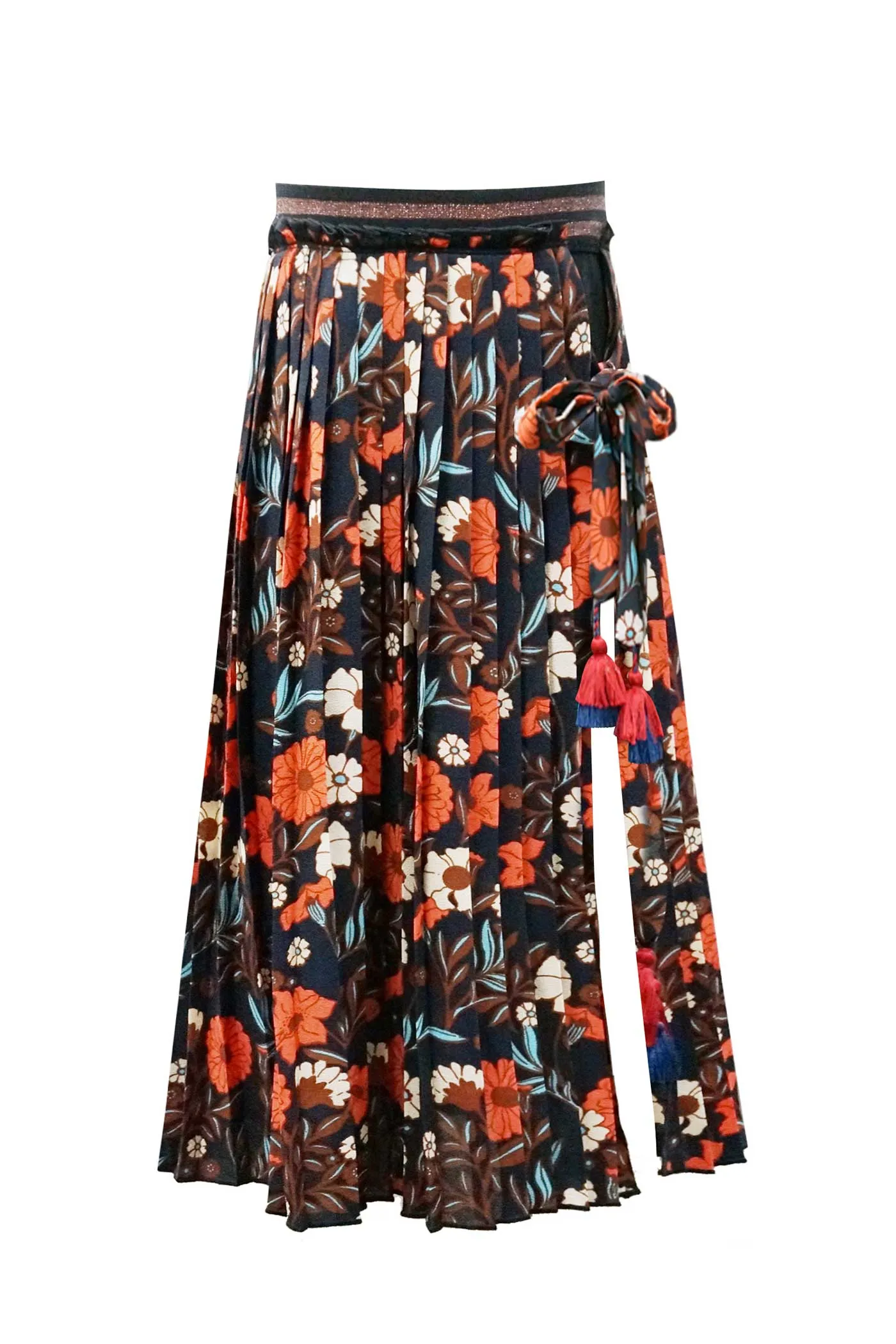 Little Girls Side Slit Floral Print Pleated Midi Skirt