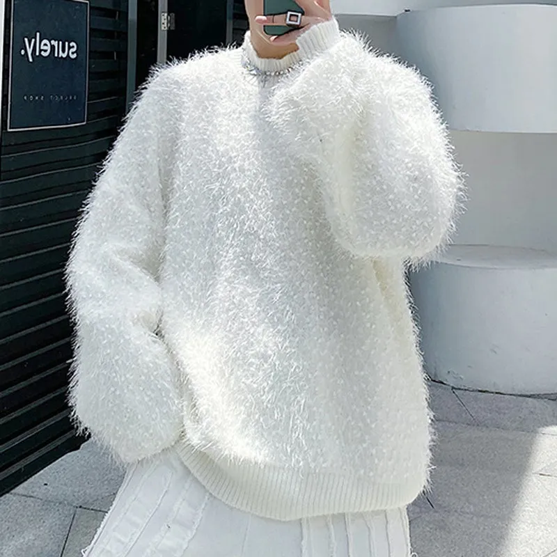 Loose Stand Collar Fur Fringed Knitted Sweater