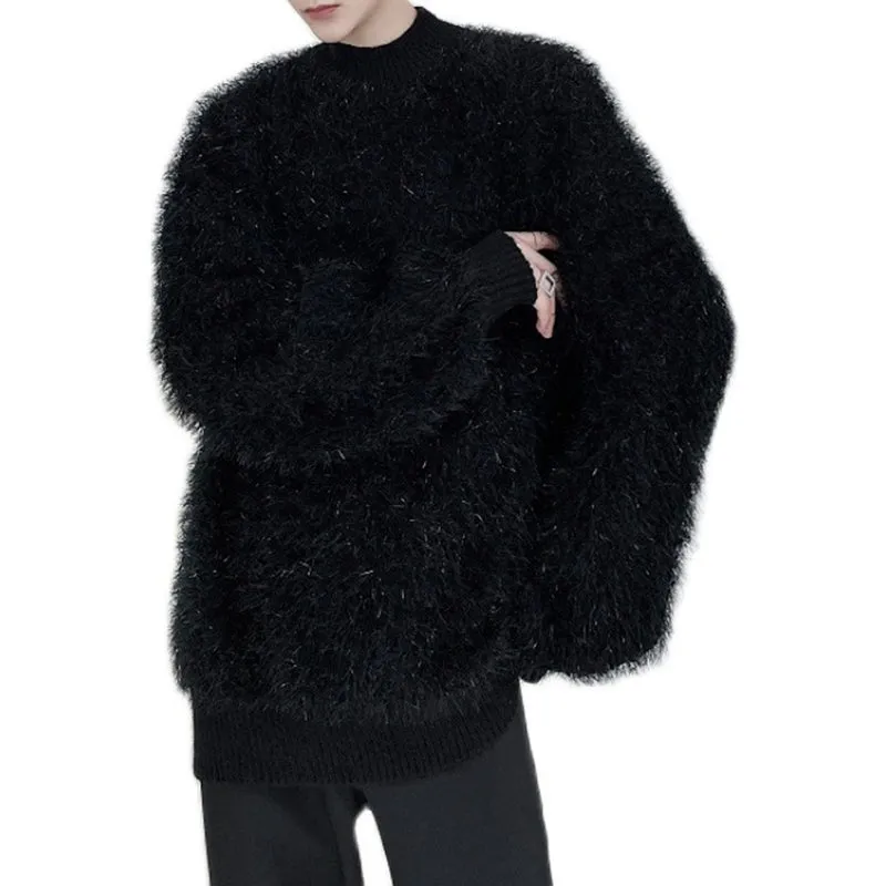 Loose Stand Collar Fur Fringed Knitted Sweater