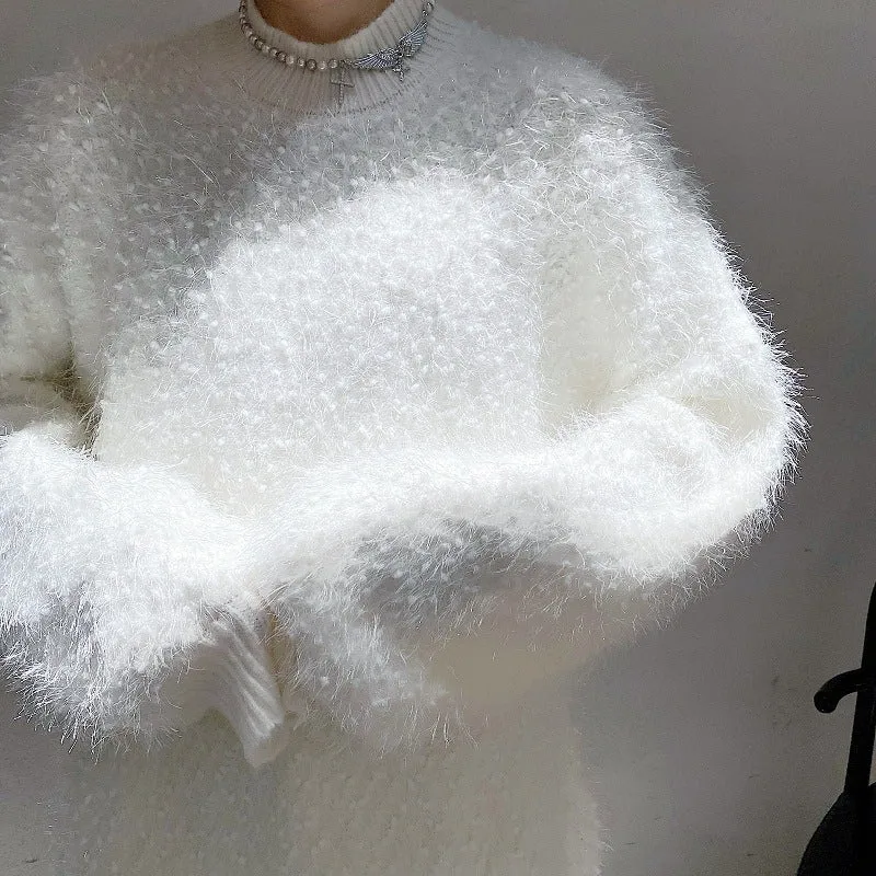 Loose Stand Collar Fur Fringed Knitted Sweater