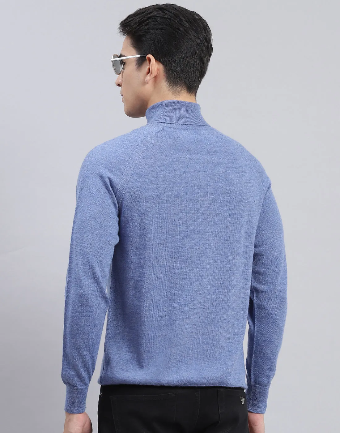 Men Blue Solid High Neck Full Sleeve Pullover