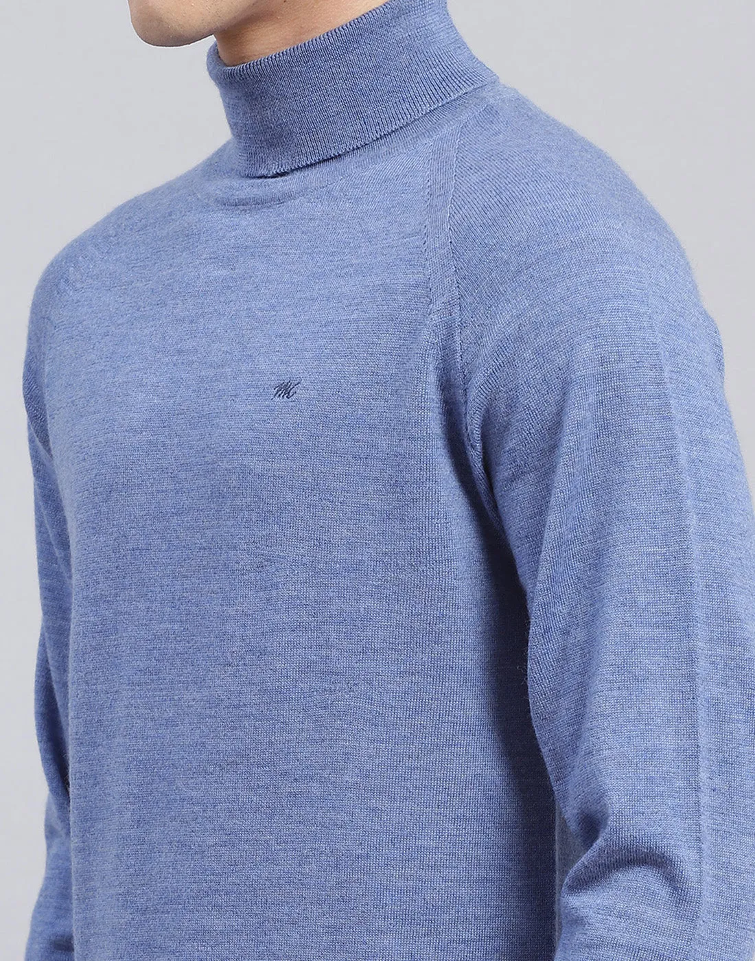 Men Blue Solid High Neck Full Sleeve Pullover