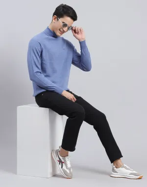 Men Blue Solid High Neck Full Sleeve Pullover