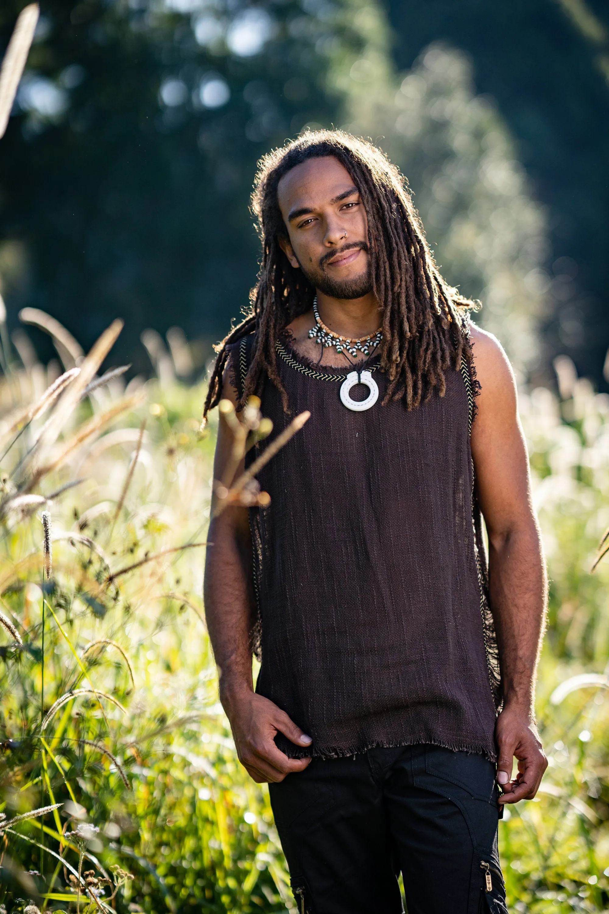 Mens Sleeveless Tank Top DHATU Cotton Shirt Slashed Open Sides Brown Semi See Through Breathable Tribal Gypsy Alternative Festival AJJAYA