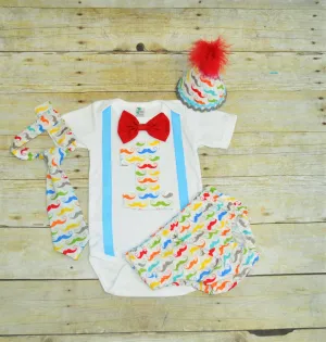 mustache birthday outfit, party hat, mustache cake smash, 1st 2nd 3rd  birthday, mustache Shirt, 1st birthday outfit,multi color mustache