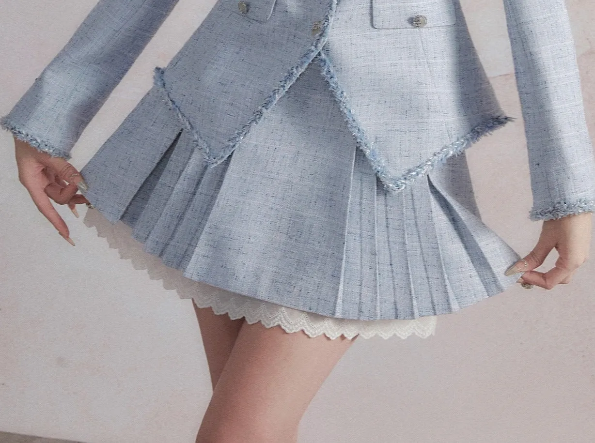 Pastel Blue Tweed Blazer and Pleated Skirt Set with Lace Trim