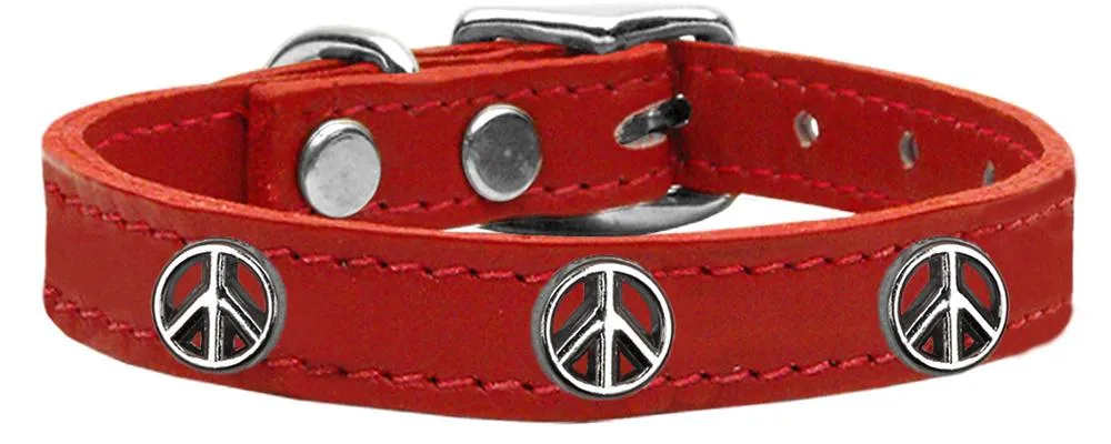 Peace Sign Widget Genuine Leather Dog Collar Red 22