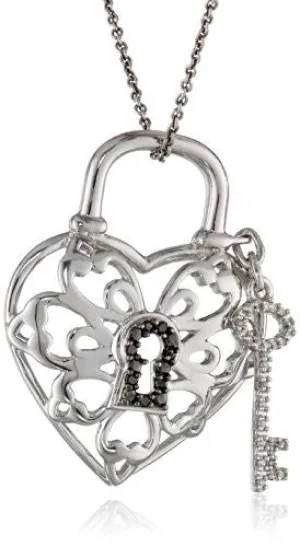 Pendiente de Corazon y Llave en Plata con Diamantes