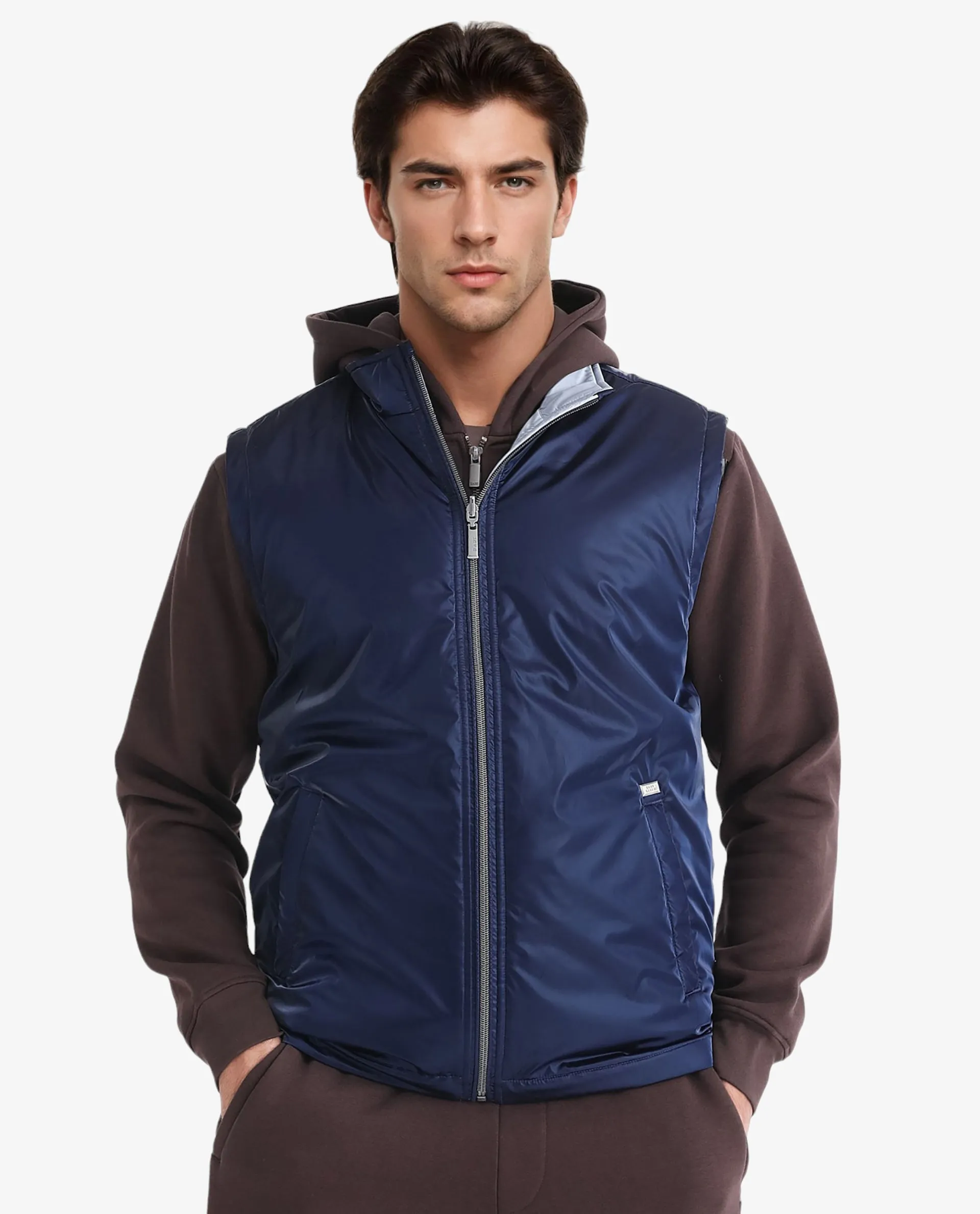 Rare Rabbit Men's Taxco Navy Plain Two-Tone Reversible Metallic Puffer Jacket