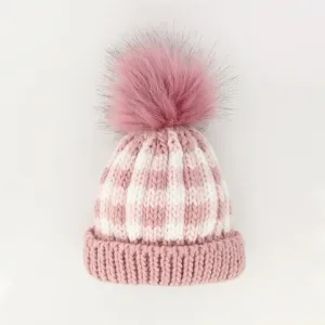 Rosy Pink Buffalo Check Pom Pom Beanie Hat for Babies, Toddlers & Kids