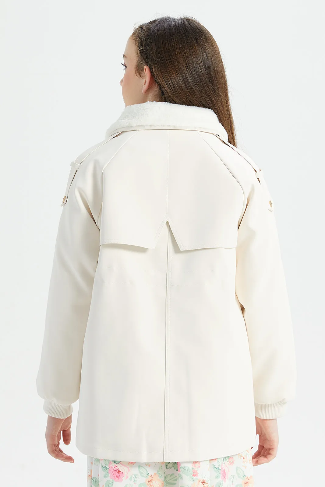 Senior Girls White Fur Collar Elasticated Waist Jacket